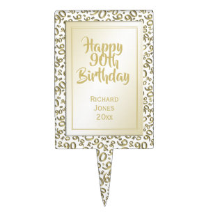 90th Birthday Cool Number Pattern Gold and White Cake Topper