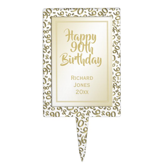 90th Birthday Cool Number Pattern Gold and White Cake Topper (Front)