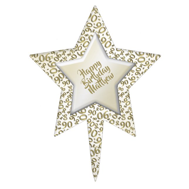 90th Birthday Cool Number Pattern Gold and White Cake Topper (Front)