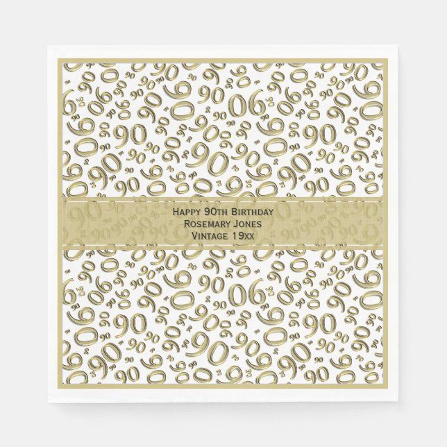 90th Birthday Cool Number Pattern Gold/White Napkins (Front)