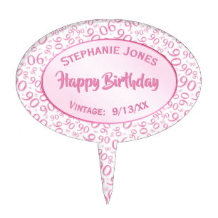 90th Birthday Cool Number Pattern Pink and White Cake Topper