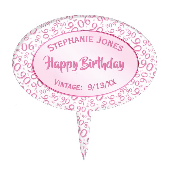 90th Birthday Cool Number Pattern Pink and White Cake Topper (Front)