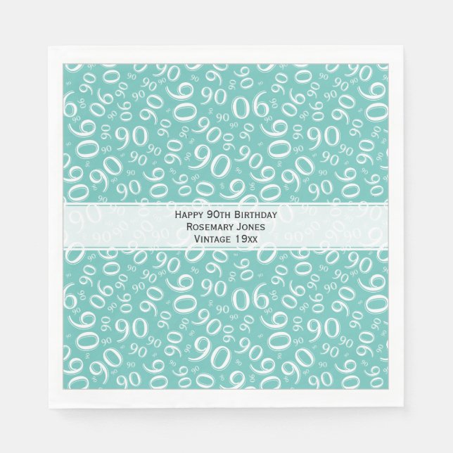 90th Birthday Cool Number Pattern Teal/White Napkins (Front)