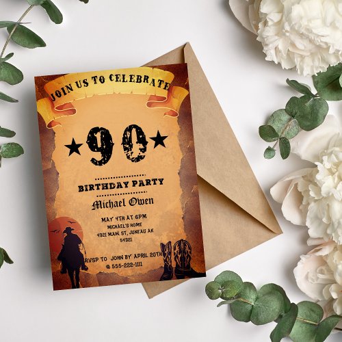 90th birthday cowboy old paper horse riding party invitation