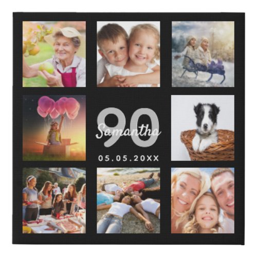 90th birthday custom photo collage black monogram faux canvas print