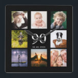 90th birthday custom photo collage family black square wall clock<br><div class="desc">A wall clock as a gift for a 90th birthday for a guy,  celebrating his life with a collage of 8 of your own photos.  Personalize and add age 90,  and a date.  Date of birth or the date of the anniversary.  White colored letters.  Black background.</div>