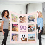 90th birthday custom photo collage rose gold pink fleece blanket<br><div class="desc">A gift for a woman's 90th birthday, celebrating her life with a collage of 8 of your photos of her friends, family, interest or pets. Personalize and add her name, age 90 and a date. Date of birth or the date of the birthday party. Pink and purple colored letters. Girly...</div>