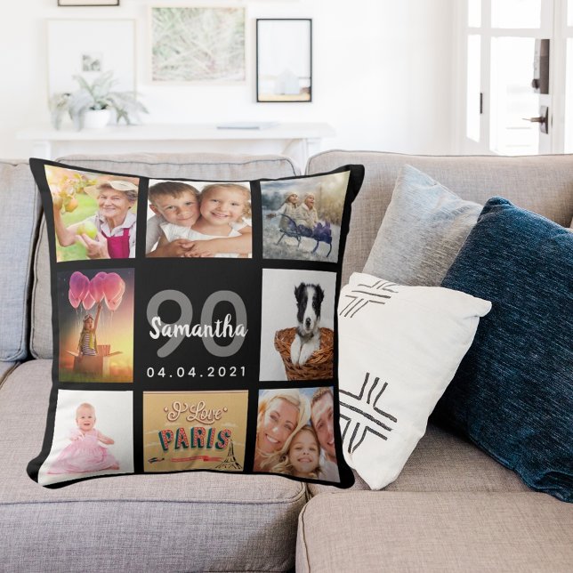90th birthday custom photo collage woman black throw pillow (Creator Uploaded)