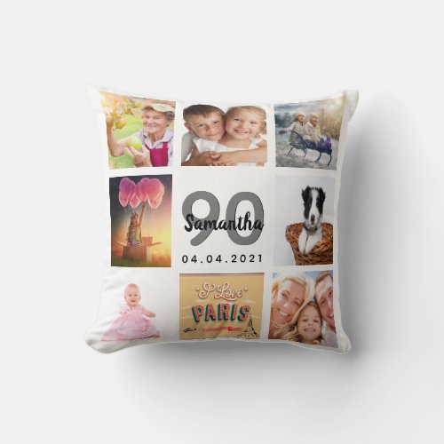 90th birthday custom photo collage woman white throw pillow