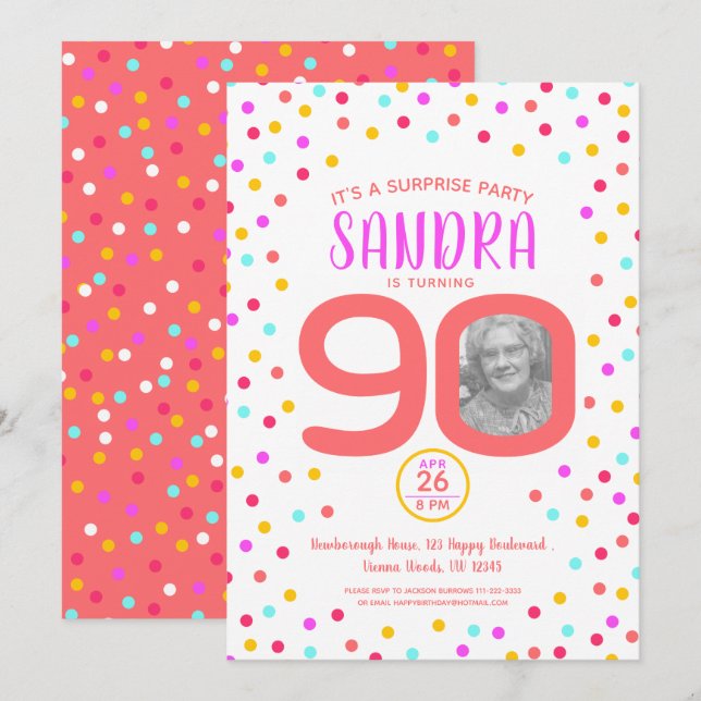 90th birthday custom photo living coral confetti invitation (Front/Back)
