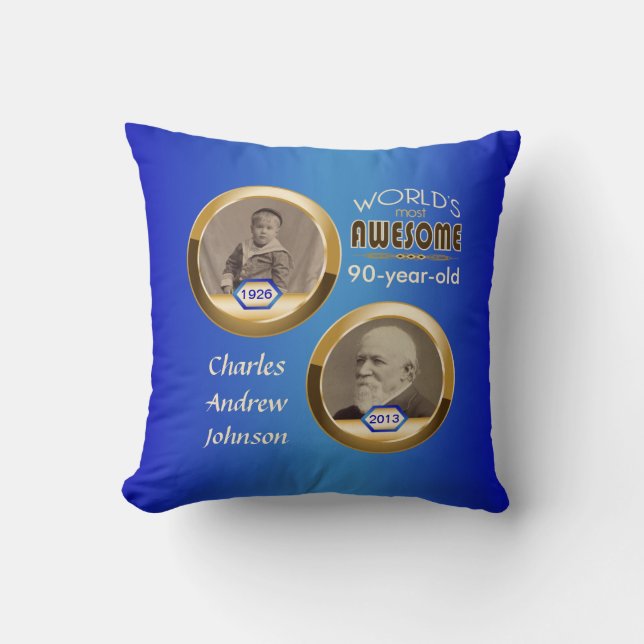 90th Birthday Custom Then Now Gold Blue Photoframe Throw Pillow (Front)