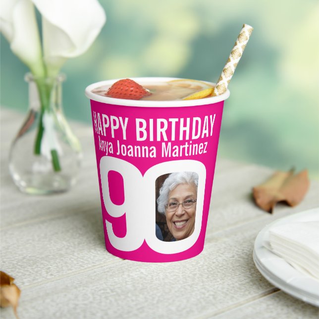 90th birthday custom two photo pink white paper cups (Insitu)
