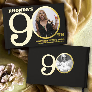 90th birthday custom two photos black gold foil guest book