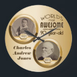 90th Birthday Customized Then Now Gold Photo Frame Large Clock<br><div class="desc">A chic, golden gradation serves as the background to two dark gold circular frames. Replace the sample images with your own “Then and Now” photos of the most fabulous 90-year-old in your life. Customize with names and messages. Makes a wonderful, classy gift to celebrate the milestone birthday of your favorite...</div>