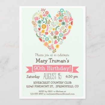 90th Birthday  Cute Floral Heart Birthday Party Invitation by Card_Stop at Zazzle