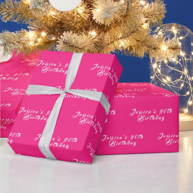 90th Birthday Cute Girly Pink Simple Modern Name Wrapping Paper (Holidays)