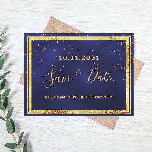 90th birthday dark blue gold save the date postcard