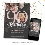 90th Birthday Dark Gray Pink Lush Floral Photo Invitation<br><div class="desc">90th Birthday Dark Gray Pink Lush Floral Photo Invitation. A beautiful and elegant floral design birthday invitation, that features lovely and lush soft pink flowers. This design lets you add a photo of the birthday person and all details is fully customizable. Need help with this template? Contact the designer/creator by...</div>