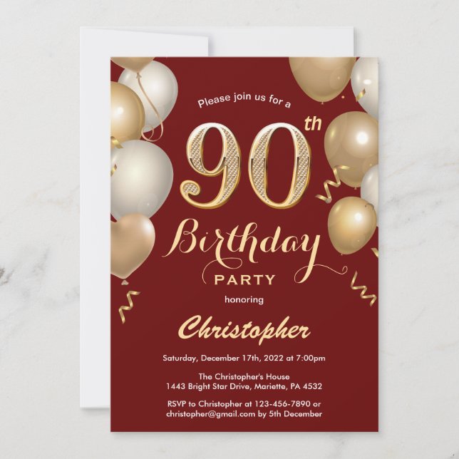 90th Birthday Dark Red and Gold Balloons Confetti Invitation (Front)