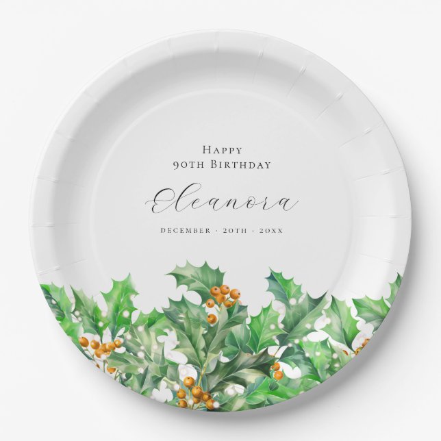 90th Birthday December Birth Flower Holly Custom Paper Plates (Front)