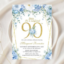 90th Birthday Dusty Blue Floral Gold Frame Chic