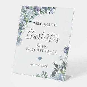 90th Birthday Dusty Blue Floral Welcome Pedestal Sign