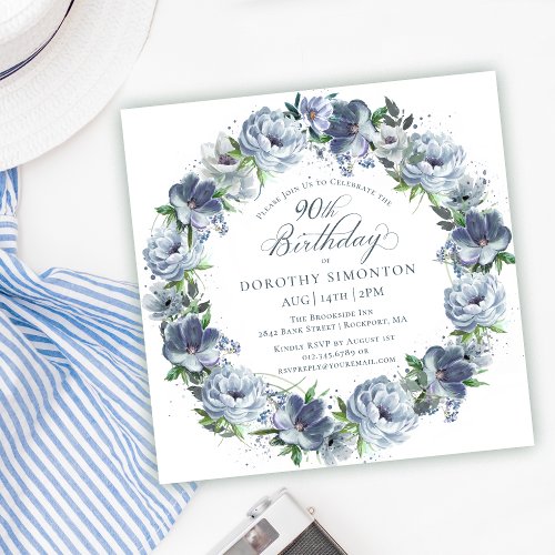 90th Birthday Dusty Blue Flower Wreath Invitation