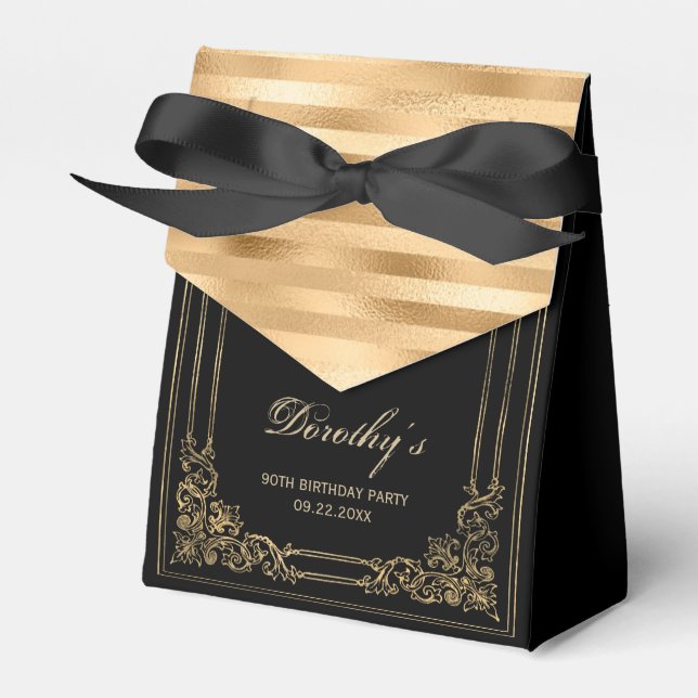 90th Birthday Elegant Black Gold Framed Script Favor Boxes (Front Side)
