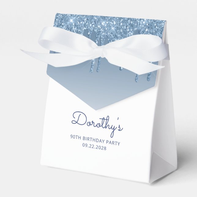 90th Birthday Elegant Blue Glitter Drip Script Favor Boxes (Front Side)