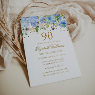 90th Birthday Elegant Blue Gold Floral Invitation