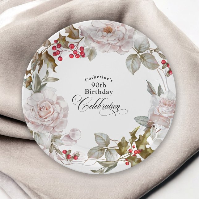 90th Birthday Elegant December Floral Paper Plates (Creator Uploaded)