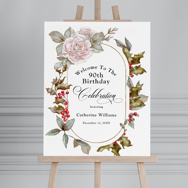 90th Birthday Elegant December Rose Holly Floral Foam Board (Creator Uploaded)