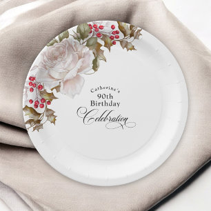 90th Birthday Elegant December Winter Floral Paper Plates