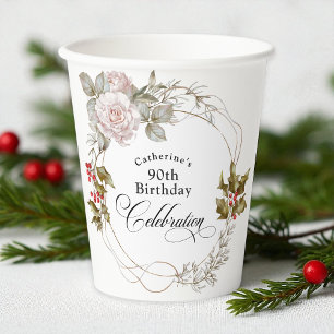 90th Birthday Elegant Feminine Floral December Paper Cups