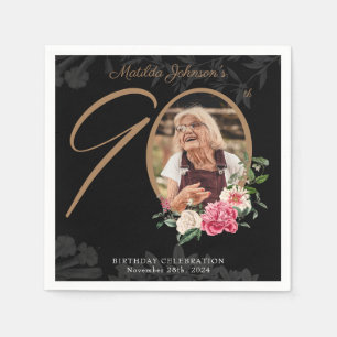 90th Birthday Elegant Floral Black Gold Custom Napkins
