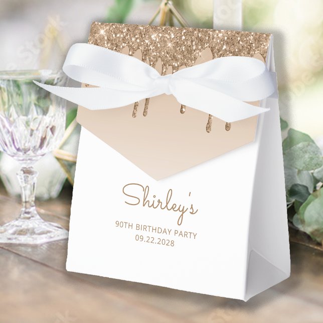 90th Birthday Elegant Gold Glitter Drip Script Favor Boxes (Creator Uploaded)