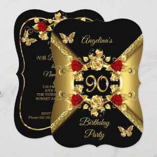 90th Birthday Elegant Gold Red Roses Black Invitation