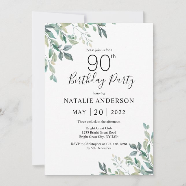 90th Birthday Elegant Green Eucalyptus Greenery Invitation (Front)