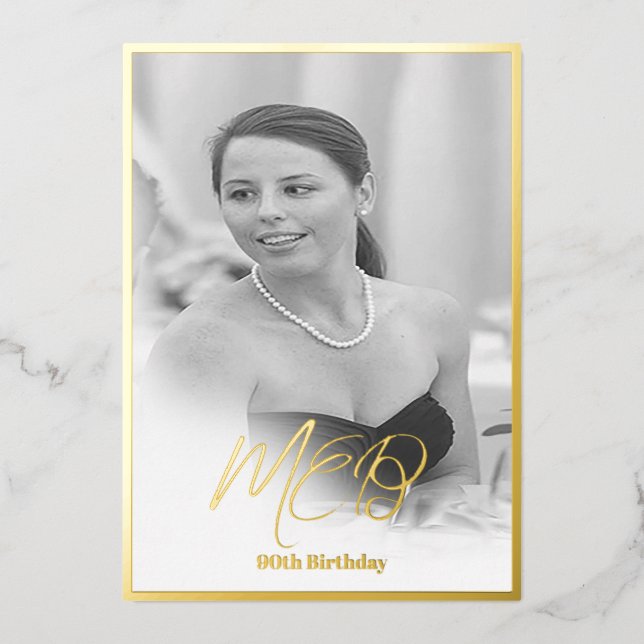 90th Birthday Elegant Monogram Photo Birthday  Foil Invitation (Front)