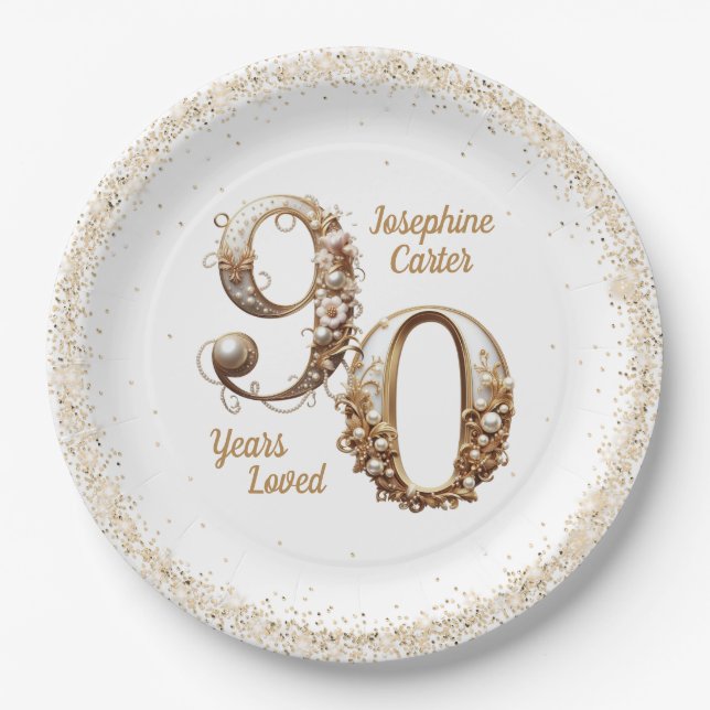 90th Birthday Elegant Party Paper Plates (Front)