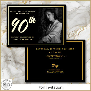 90th Birthday Elegant Photo Black Gold Foil Invitation