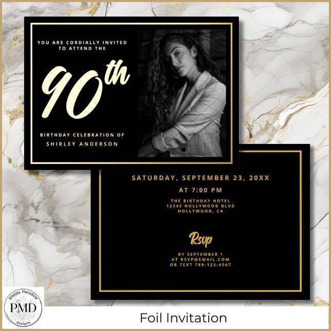 90th Birthday Elegant Photo Black Gold  Foil Invitation (90th Birthday Elegant Photo Black and Gold Foil Invitation with Party Details on the Back.)