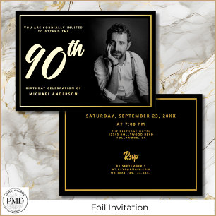 90th Birthday Elegant Photo Black Gold Foil Invitation
