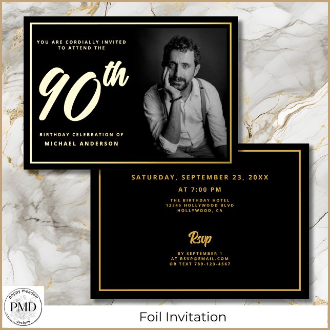 90th Birthday Elegant Photo Black Gold Foil Invitation (90th Birthday Elegant Photo Black with Gold Foil Invitation with Date, Time, Location, RSVP on Back.)
