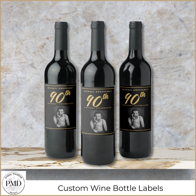90th Birthday Elegant Photo Black Gold Wine Label (90th Birthday Elegant Photo Black and Gold Wine Bottle Label with Faux Gold Leaf, Name, Photo.)