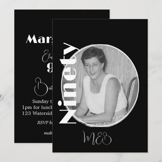 90th Birthday Elegant  Photo Invitation (Front/Back)