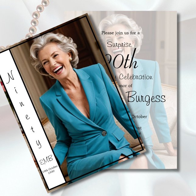 90th Birthday Elegant Photo Monogram Birthday Invitation (Creator Uploaded)