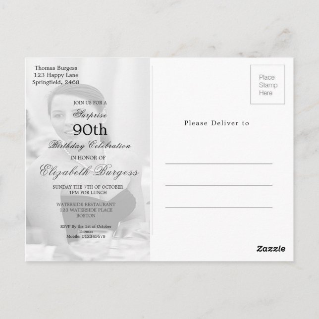 90th Birthday Elegant Photo Monogram Birthday Postcard (Back)