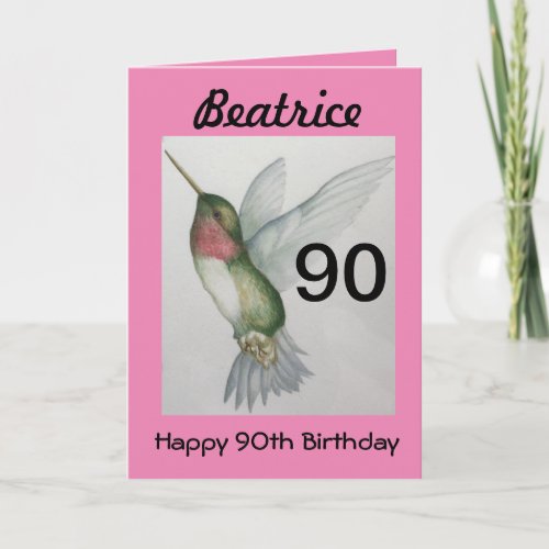 90th Birthday Elegant Pink Hummingbird Watercolor Card