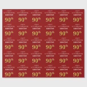 90th Birthday: Elegant, Red, Faux Gold Look Wrapping Paper